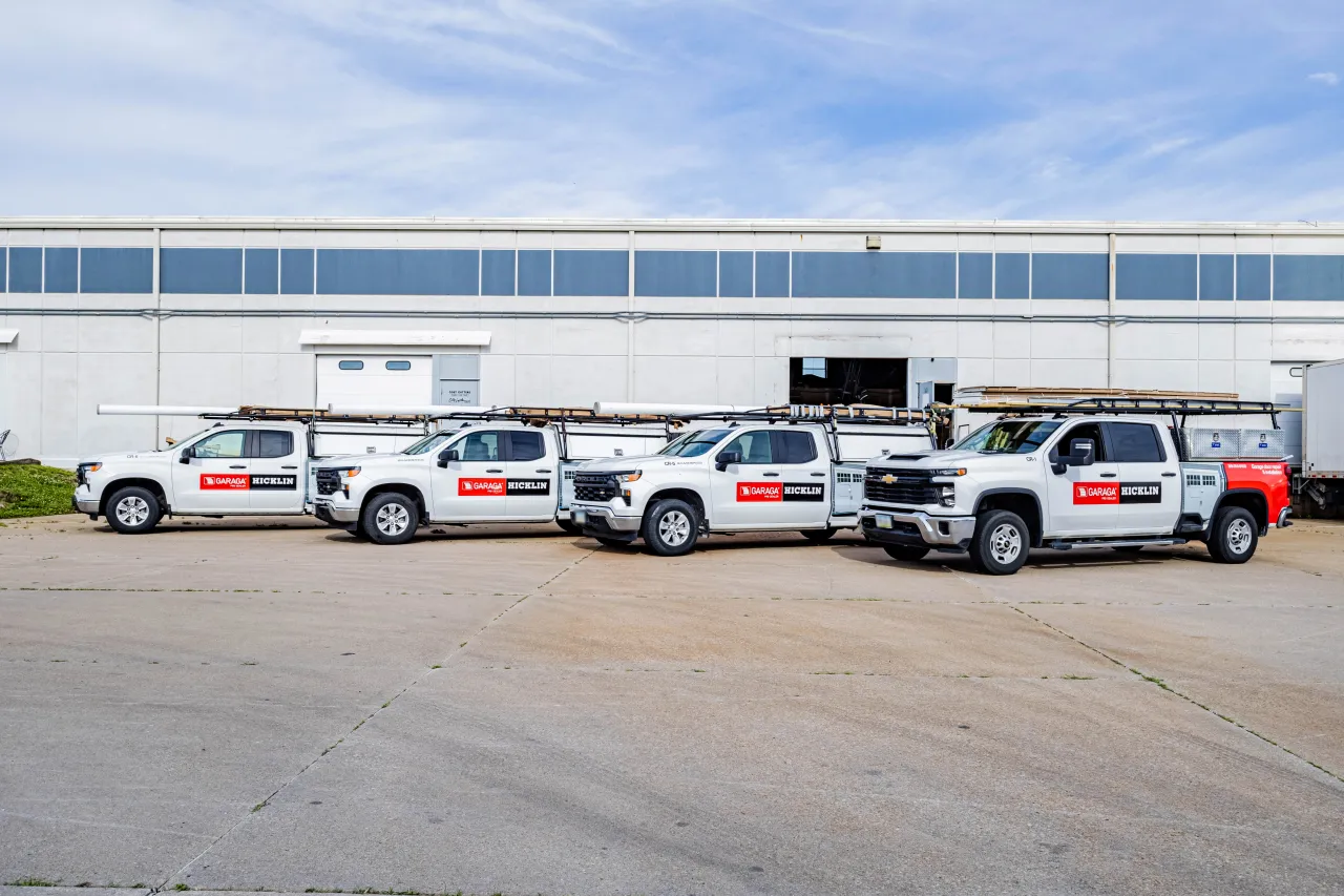 Hicklin Garage Doors trucks in front of the warehouse